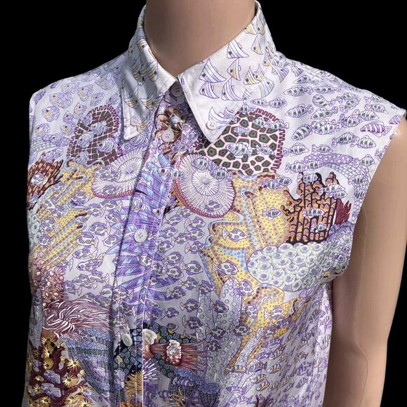 HERMES Paris Seeveless Silk Shirt Top Ocean Print Recontre Oceane Size 38 S NWT - Picture 6 of 16